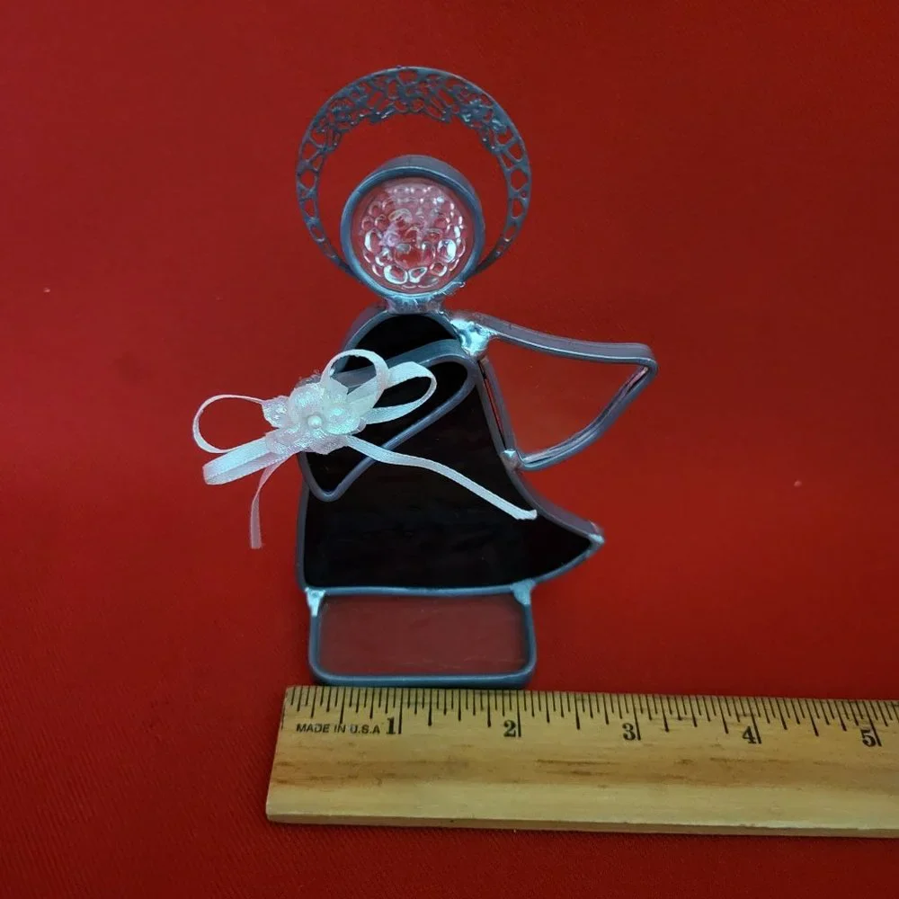 Vintage Stained Glass Free Standing Angel Holding a Flower Blue Suncatcher Pewte
